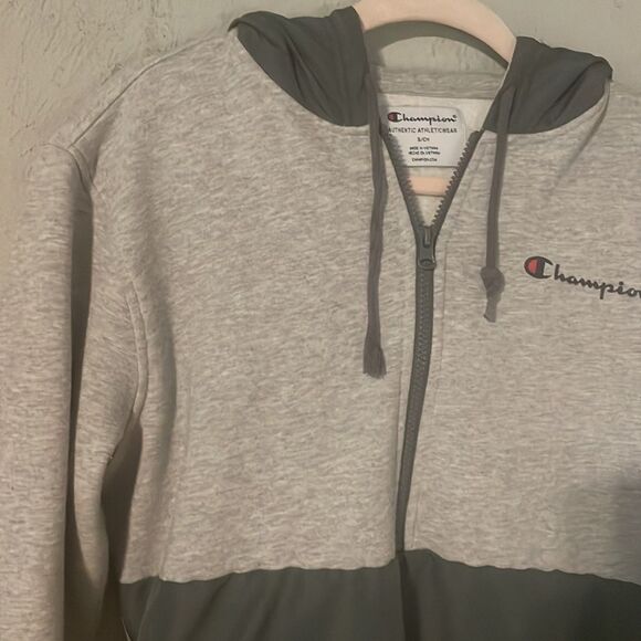 NWOT Small Champion two tone gray 1/4 zip long sleeve pockets hooded sweater top - Picture 3 of 14